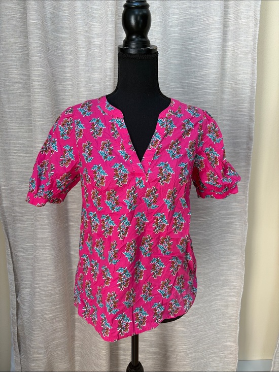 J. Crew Tops - J. Crew Women’s Bright Pink Floral Split-V Neck Short Sleeve Blouse